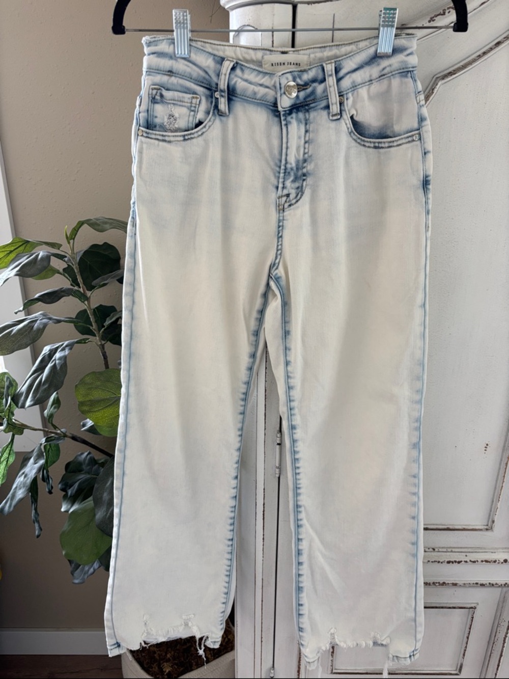 RISEN Jeans Size 1/25 White Wash Straight Leg Distressed Hem Mid Rise Stretch
